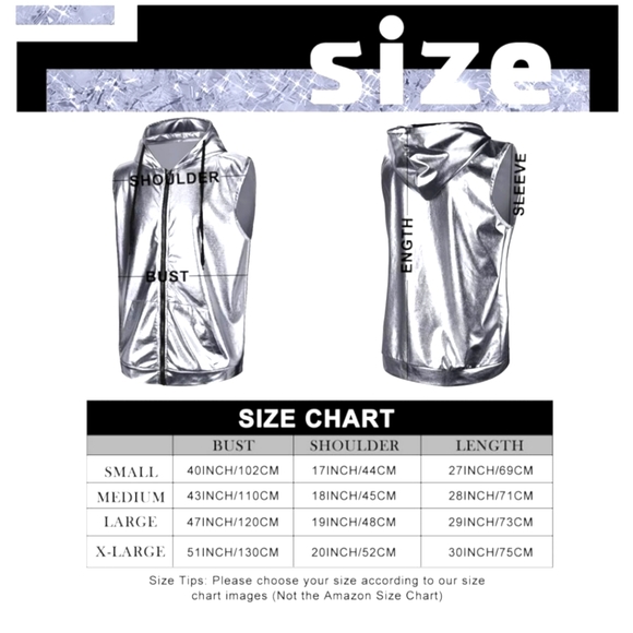 Silver Metallic Festival Zip Sleeveless Vest Disco Hooded Lightweight - Picture 2 of 5